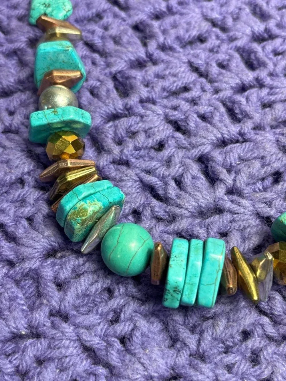 Dyed Howlite Stone Faux Turquoise 3 Tone Metal Beaded Suede Double Cord Necklace
